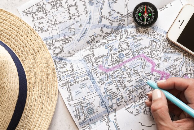 Close up traveler accessories and map