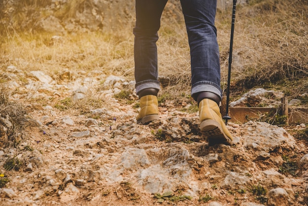 Close-up of traveler with boots