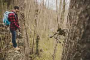 Foto gratuita close-up di tronco d'albero con sfondo viaggiatore