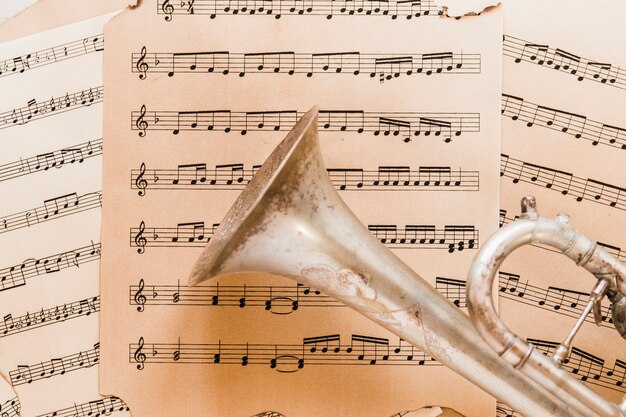 Close-up trumpet on sheet music