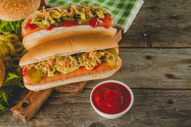 Close-up of two appetizing hot dogs