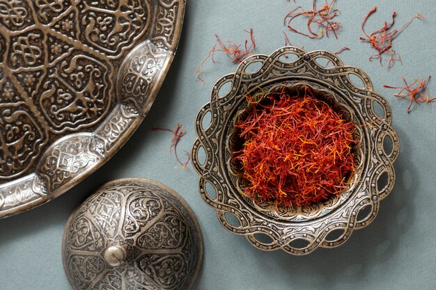 Close up on utensils full of saffron