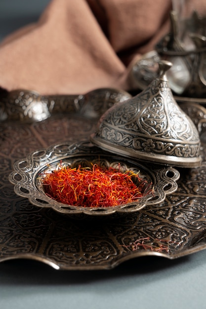 Close up on utensils full of saffron