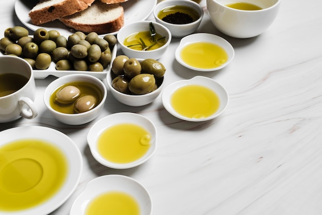 Close-up variety of organic olive oil