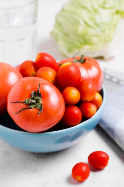 Close-up of variety of tomatoes in bowl