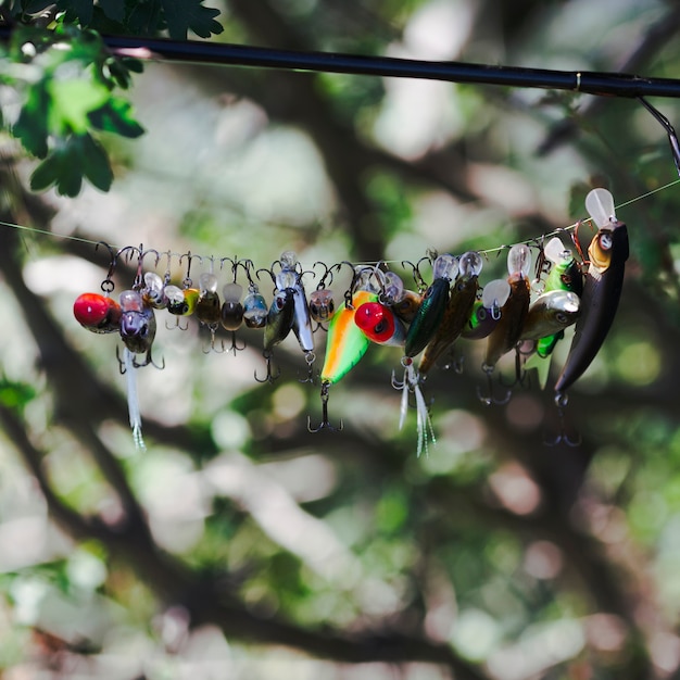Free photo close-up of various bait hanging on fishing line