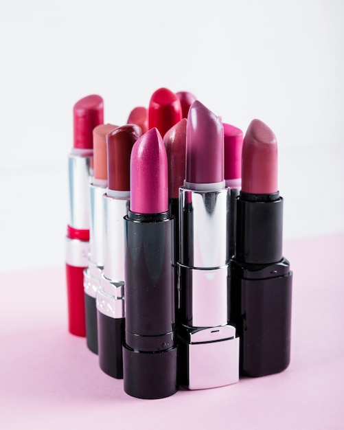 Close-up of various colorful lipsticks