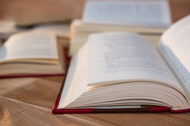 Close-up of various open book