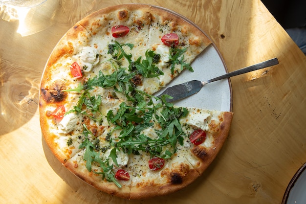 Close up vegetable vegetarian pizza top view