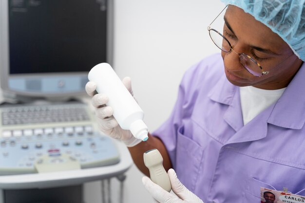 Close up on veterinarian doing some tests