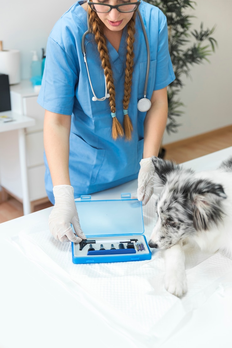 Free Photo close-up of veterinarian opening the otoscope box on table