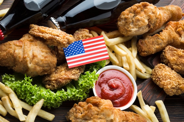 close-up view of american food