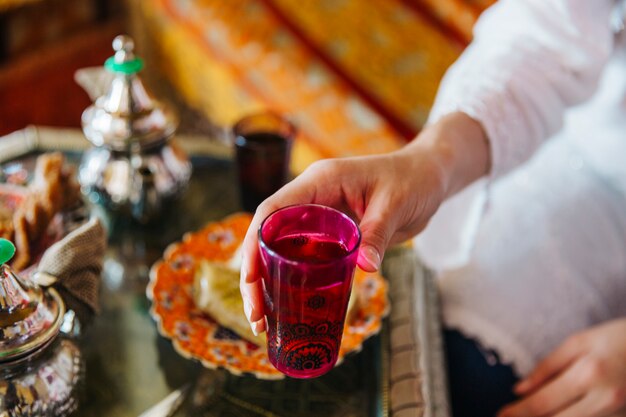 Close up view of arab food and tea