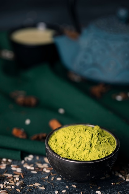 Close-up view of asian tea matcha