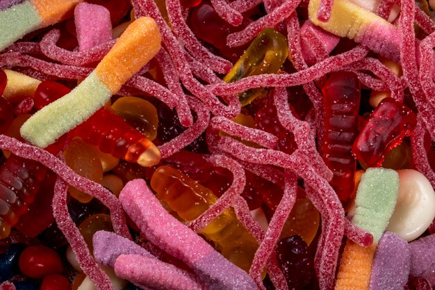 Close up view of assortment of different jelly candies