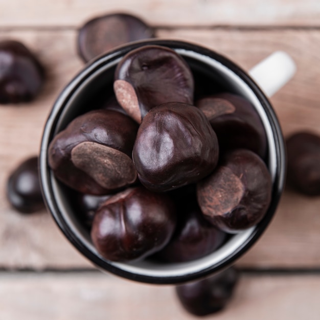 Close-up view of baked chestnuts