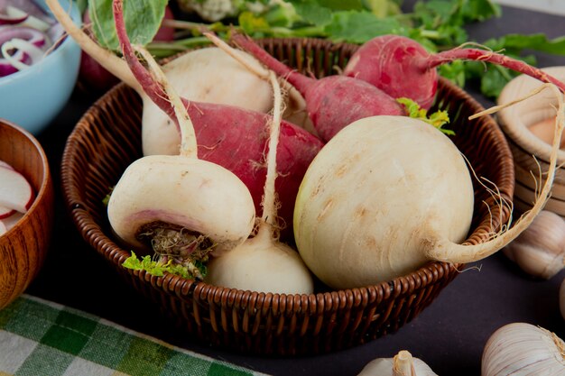 Close-up view of basket full of red and white radishes on maroon background