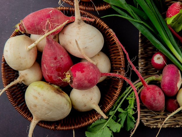 Close-up view of basket and plate full of vegetables as radish and scallion on maroon background