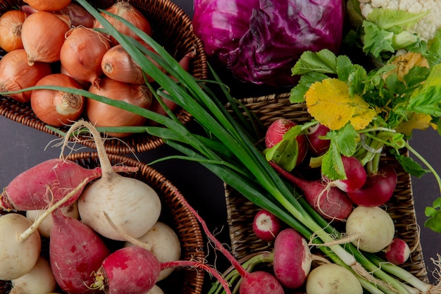 Free photo close-up view of baskets and plate of vegetables as onion radish scallion and cabbage on maroon background