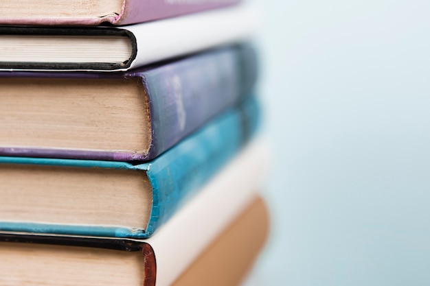 Close-up view of books with unfocused background