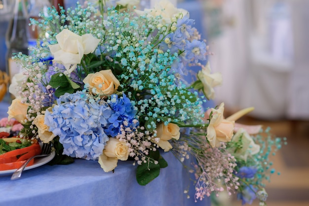 Close up view of bouquet with beautiful various flowers