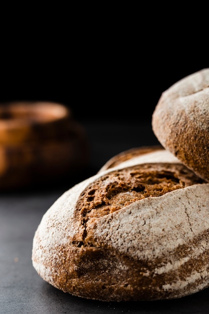 Close-up view of bread on black background
