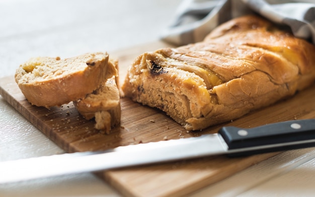 Close-up view of bread on chopper