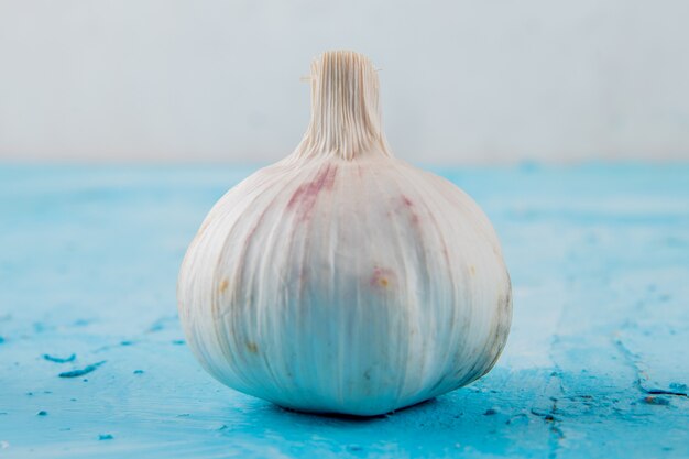 Close-up view of bulb of garlic on blue surface and white background with copy space