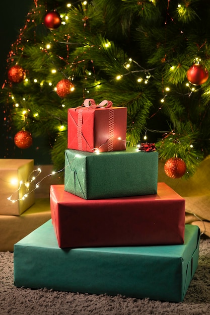 Close-up view of christmas gifts concept