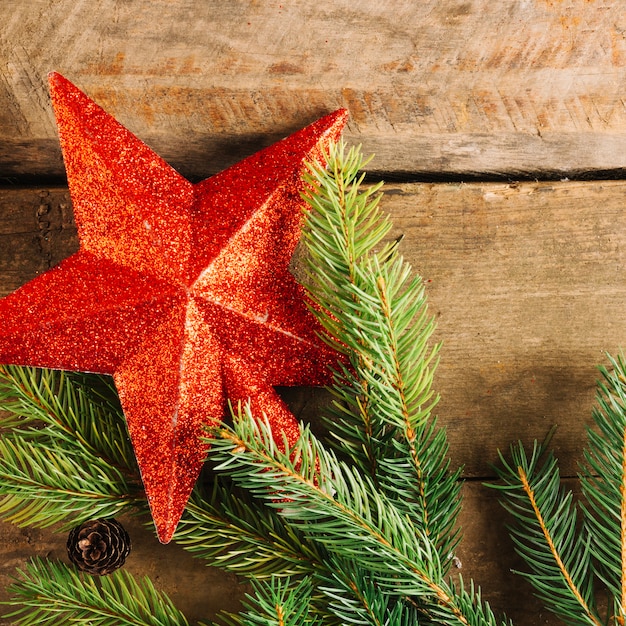 Close up view of christmas star on fir