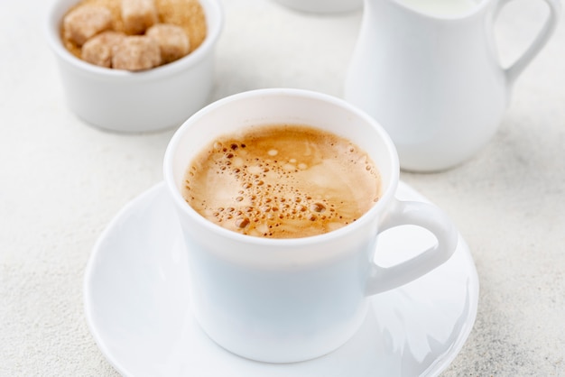 Close-up view of coffee in white cup