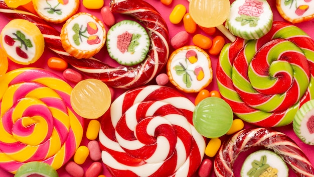 Close-up view of colorful delicious lollipop