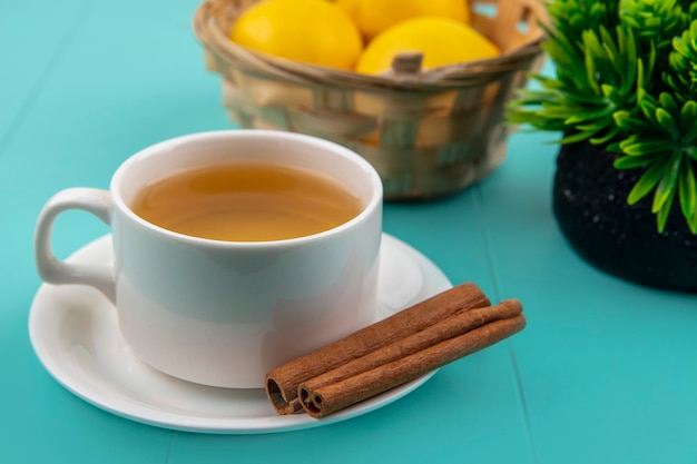 Close-up view of cup of tea and cinnamon on saucer with basket of lemons on blue background