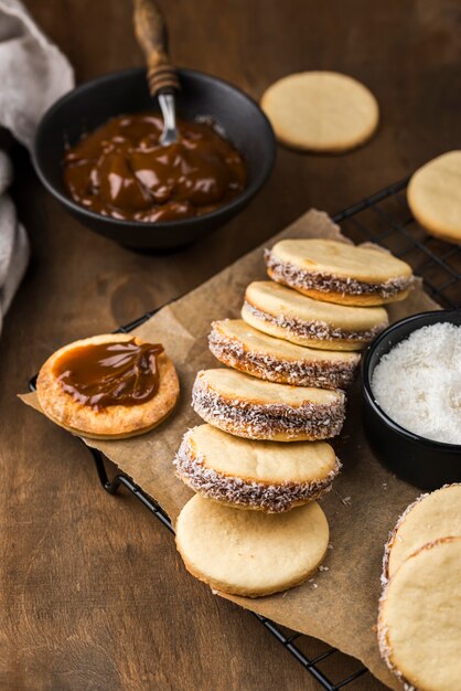 Close-up view of delicious alfajores arrangement