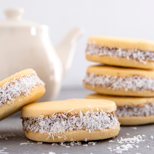 Close-up view of delicious alfajores cookies