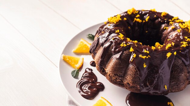 Close-up view of delicious chocolate cake