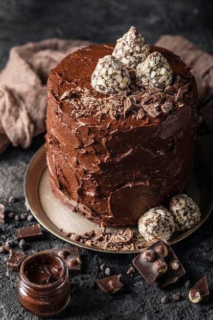 Close-up view of delicious chocolate cake