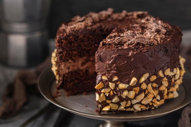 Close-up view of delicious chocolate cake