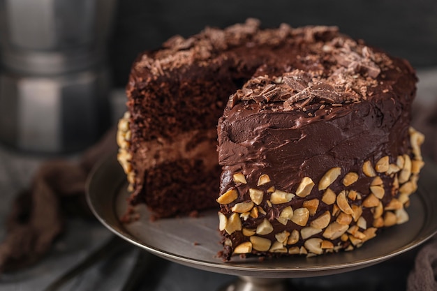 Close-up view of delicious chocolate cake