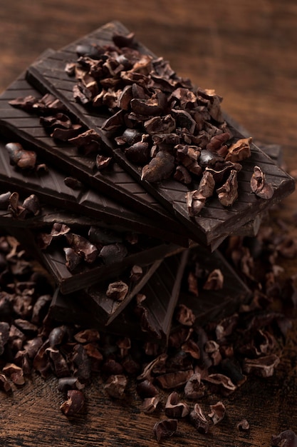 Close-up view of delicious chocolate on wooden table