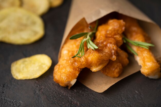 Close-up view of delicious fish and chips food