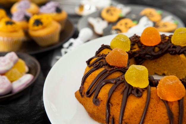 Close-up view of delicious halloween cake