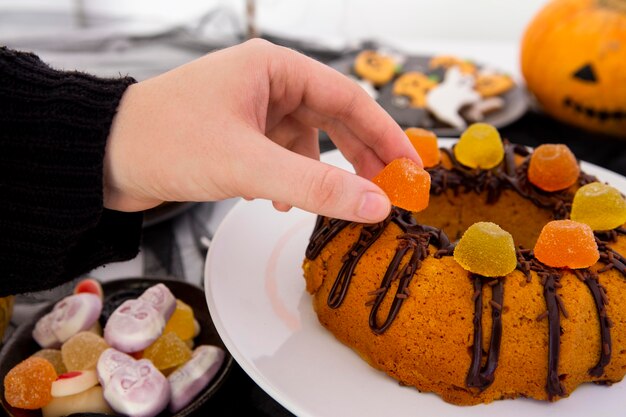 Close-up view of delicious halloween cake