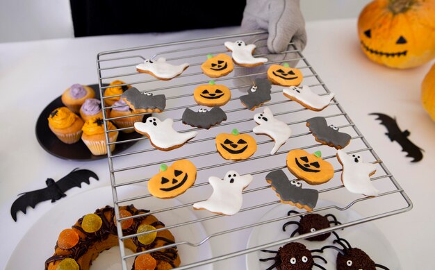 Close-up view of delicious halloween cookies