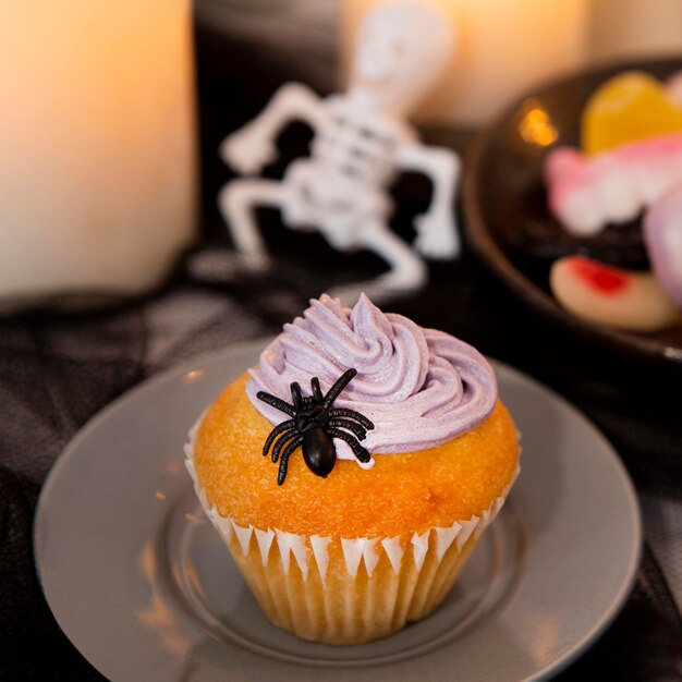 Close-up view of delicious halloween cupcakes