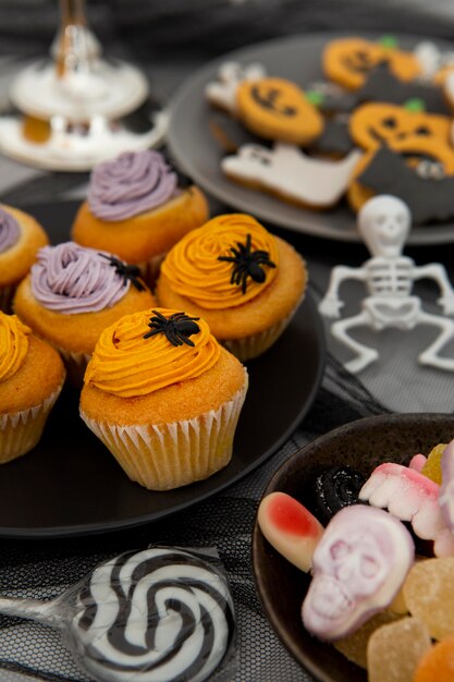 Close-up view of delicious halloween cupcakes