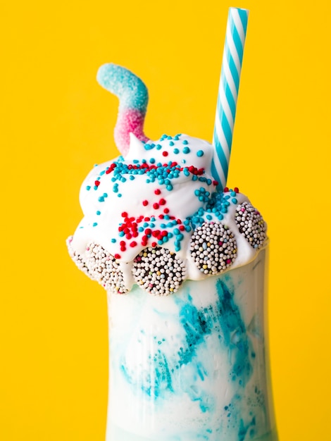 Close-up view of delicious milkshake with yellow background