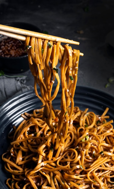 Close-up view of delicious noodles concept