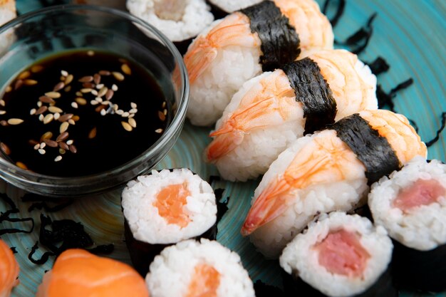 Close-up view of delicious sushi concept