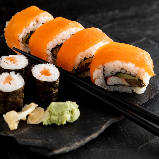Close-up view of delicious sushi concept